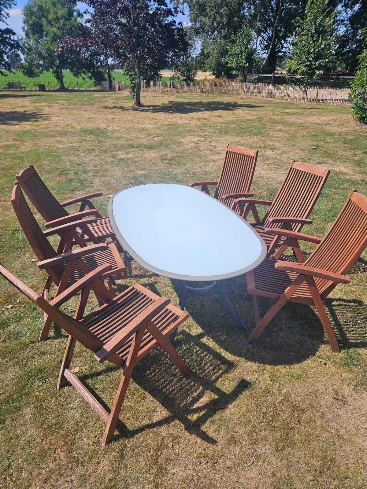 Zes Oxford Collection hardhouten stoelen incl. stoelkussens, Tuin en Terras, Ophalen, Gebruikt, 6 zitplaatsen, Stoel