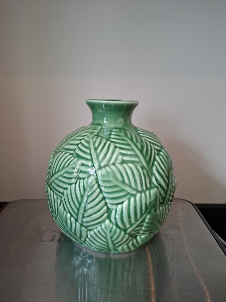 Vintage keramieke vaas met bladeren, Lalique-stijl, Ophalen of Verzenden