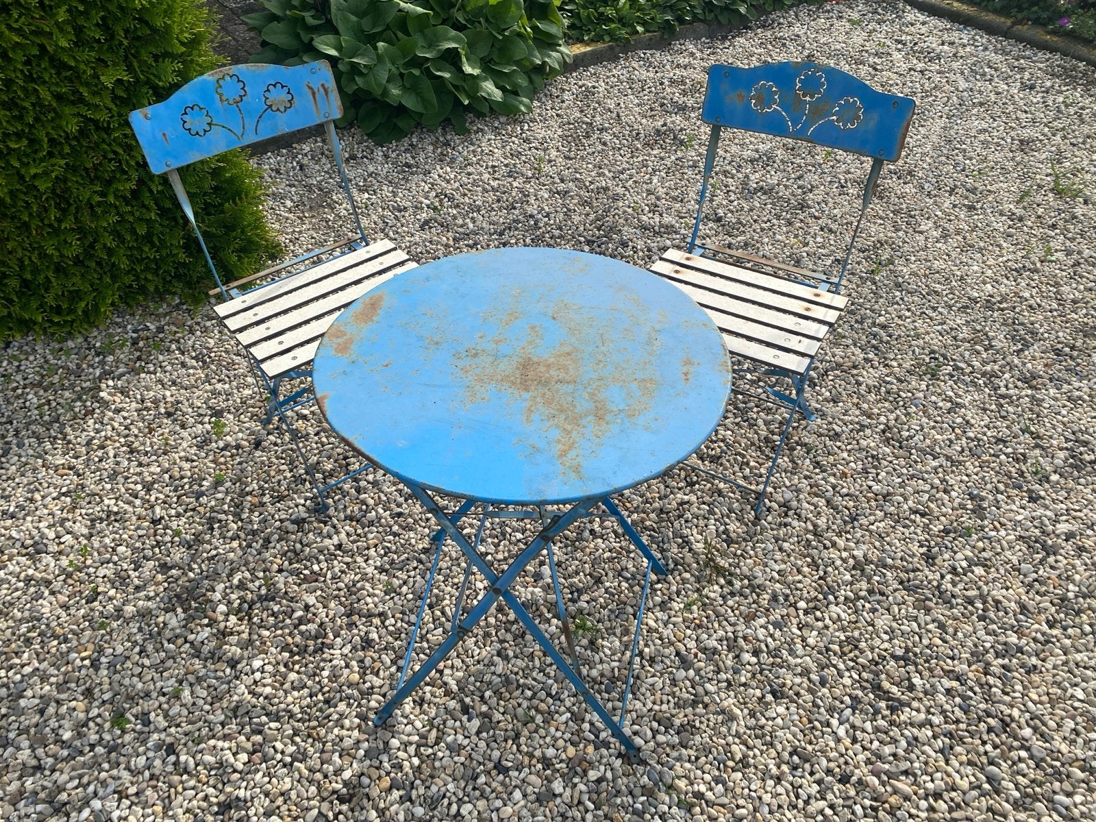 Vintage blauwe bistro set - tuinset met 2 stoelen, 2 zitplaatsen, Overige materialen, Gebruikt, Eettafel