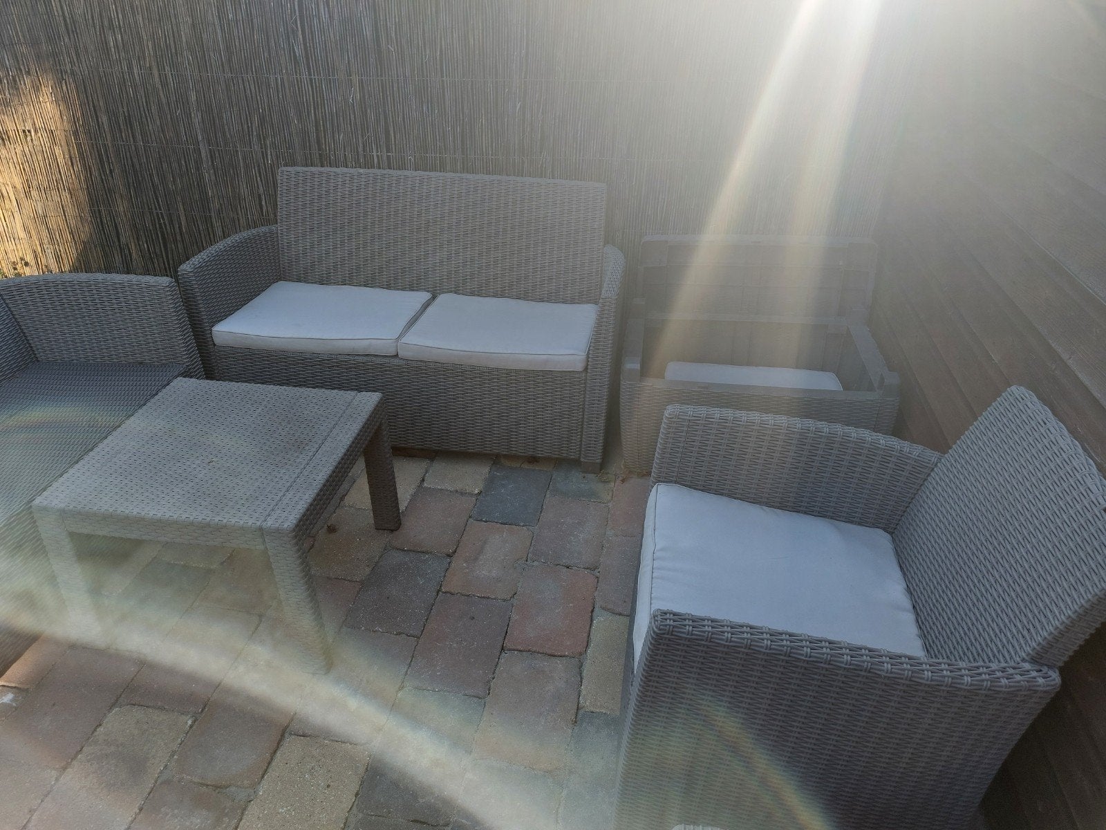 Loungeset, bankje en stoel te koop met kussenbox, Ophalen, Gebruikt, Stoel, Loungeset