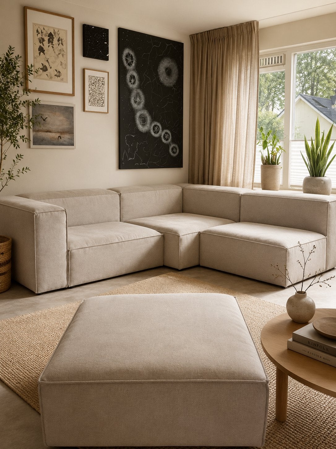 NOUS Living Igor modulaire hoekbank + hocker | Beige, Huis en Inrichting, Ophalen, Zo goed als nieuw