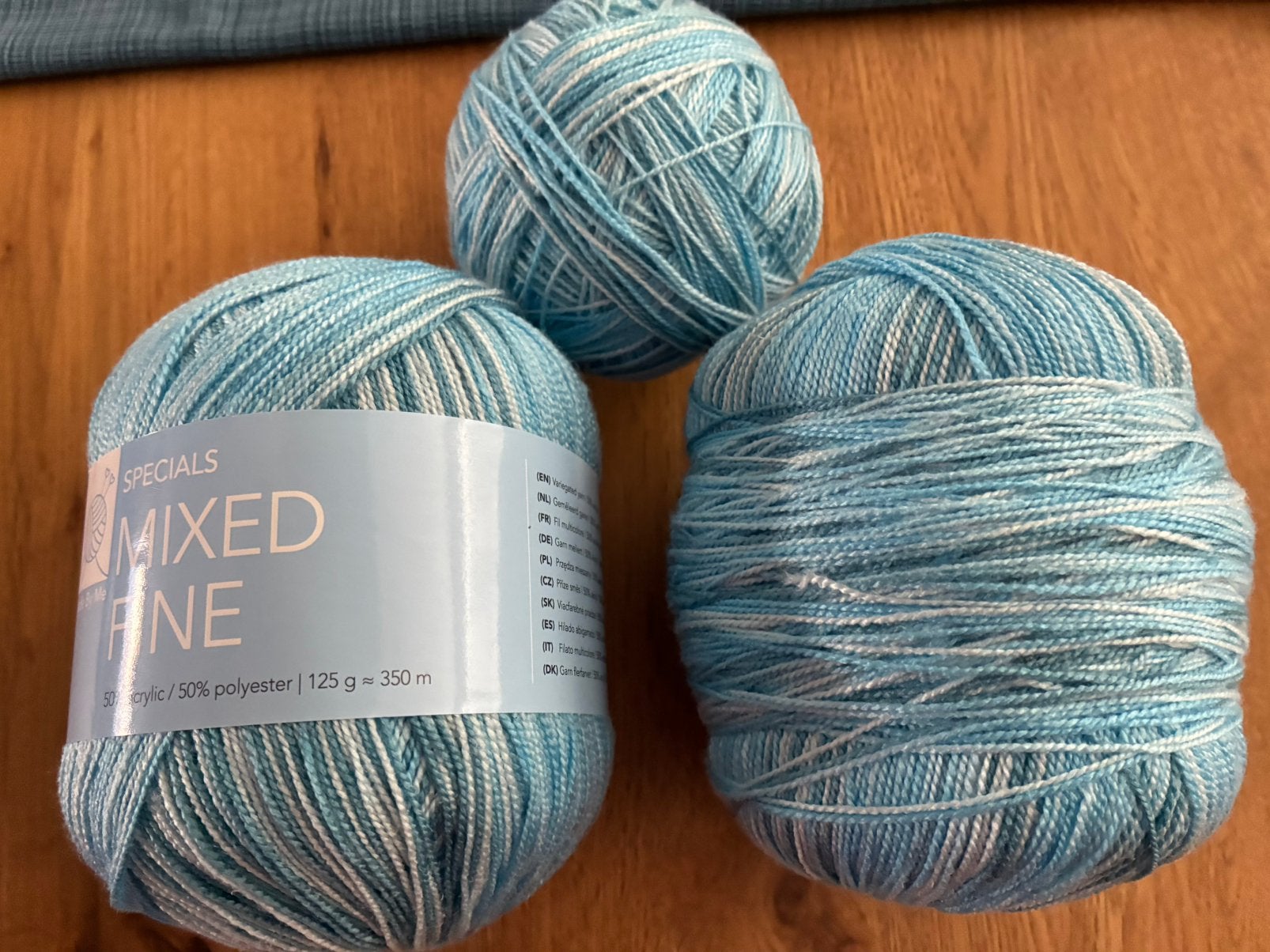 3 bollen Mixed Fine 438 gram lichtblauw naald 2, Hobby en Vrije tijd, Ophalen of Verzenden, Zo goed als nieuw, Breien of Haken