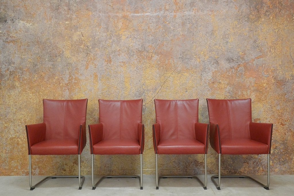 ZGANieuw 4 rode leren Bert Plantagie Jones design stoelen, Bert plantagie, Ophalen of Verzenden, Vijf, Zes of meer stoelen, Leer