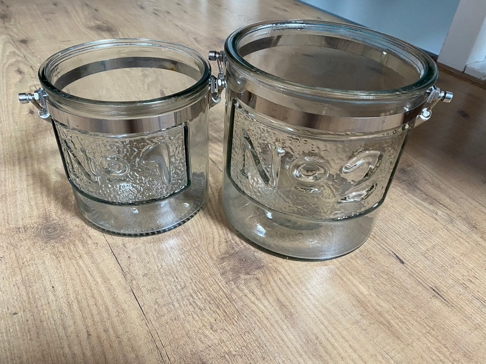 Set van 2 glazen potten met metalen band, Ophalen of Verzenden, Gebruikt, Glas, Vintage