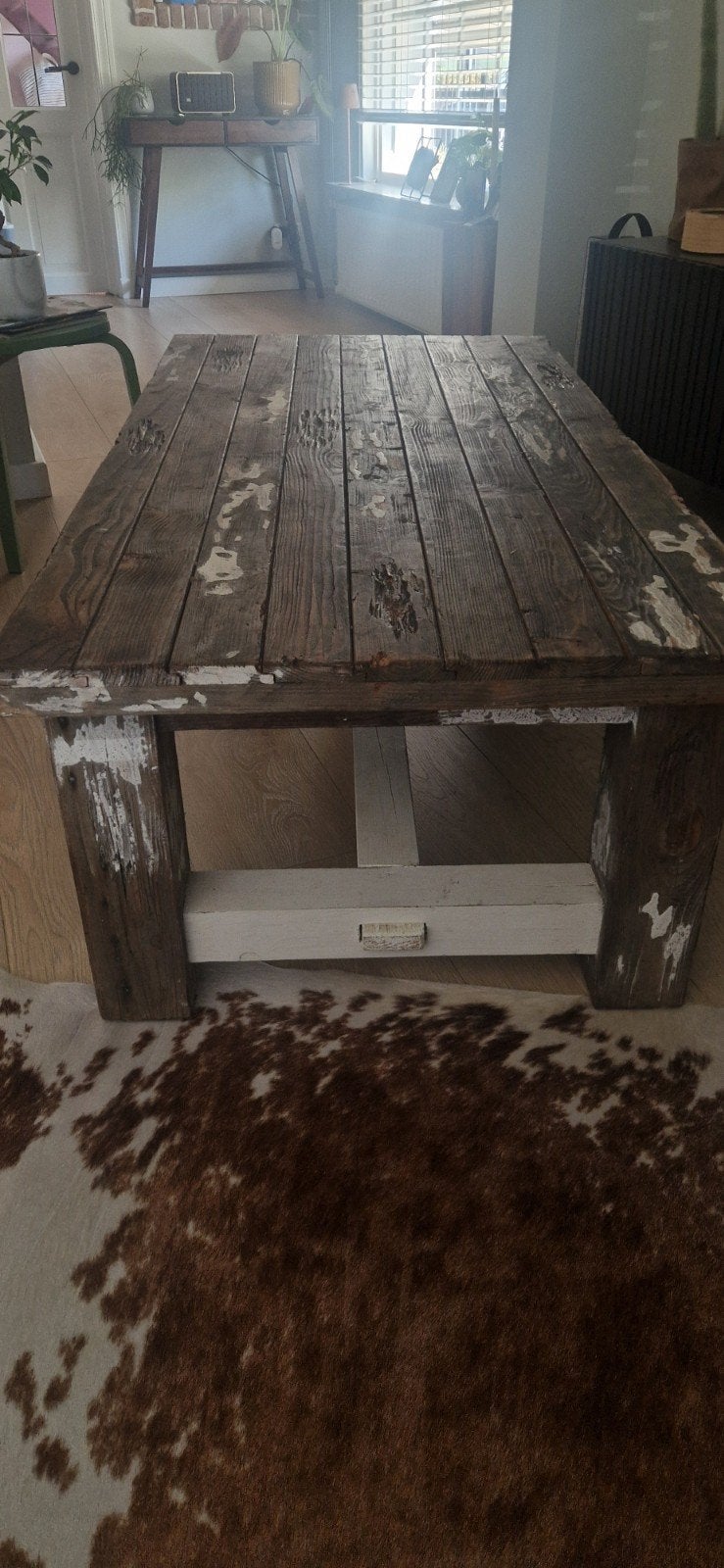 Robuuste salon tafel van gerecycled hout - 135x70x48 cm, Ophalen, Gebruikt, 100 tot 150 cm, 50 tot 100 cm