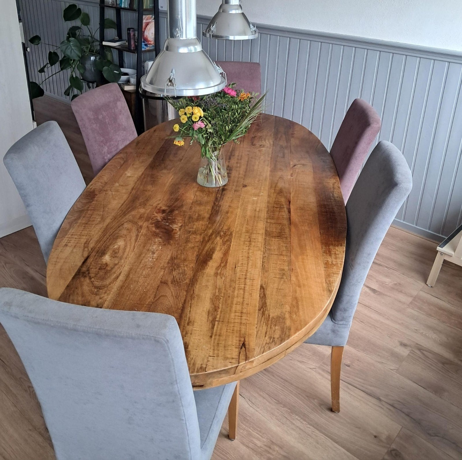 Set van 6 eetkamerstoelen - grijs en paars, Huis en Inrichting, Stoelen, Ophalen, Modern, Comfortabel, Gebruikt, Stof
