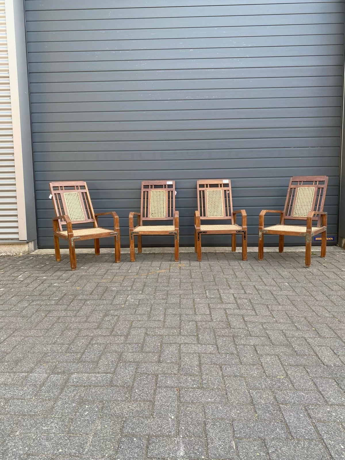 Vintage teakhouten stoelen met rieten rugleuning en zitting, Gebruikt, Bruin, Vijf, Zes of meer stoelen, Hout