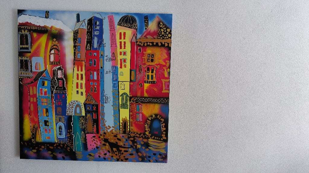 Kleurrijk schilderij "Sprookjesstad" – 90x90cm – Origineel, Antiek en Kunst, Acrylverf, Ophalen of Verzenden, Overige materialen