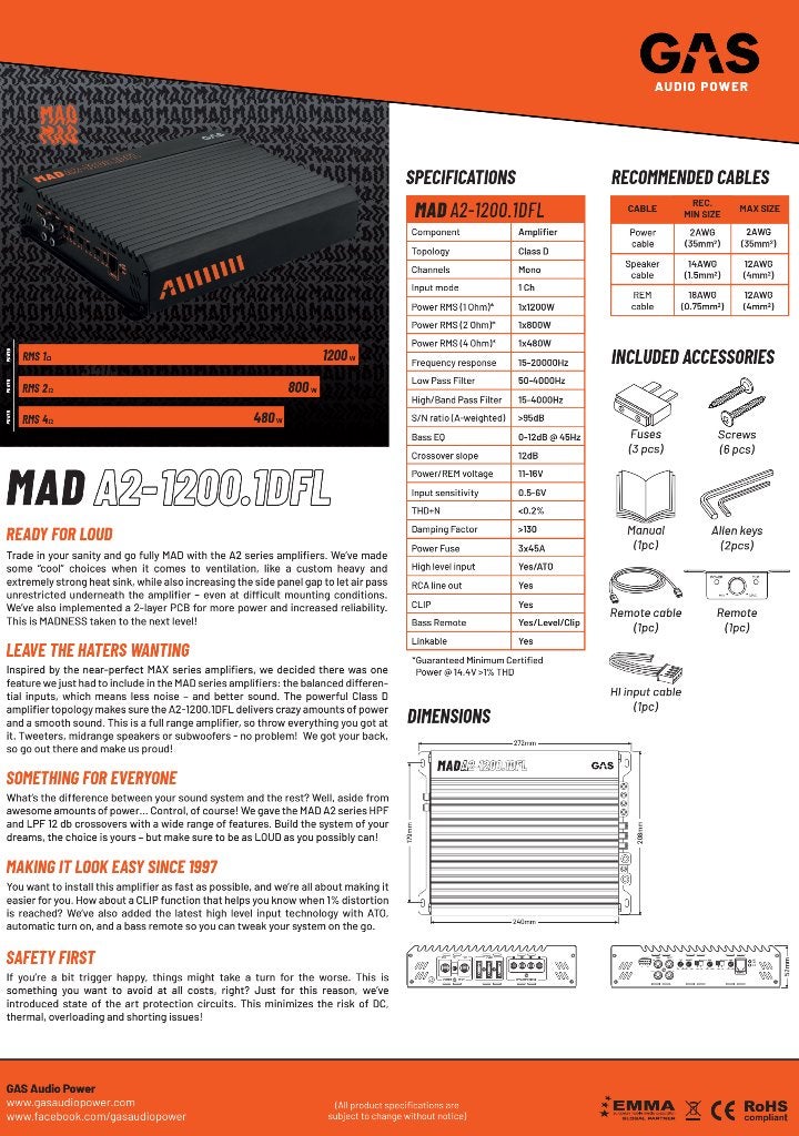 GAS Audio Power MAD A2-1200.1DFL 1200WRMS monoblok versteker, Auto diversen, Autospeakers, Info@optimount.nl, Nieuw, Ophalen of Verzenden