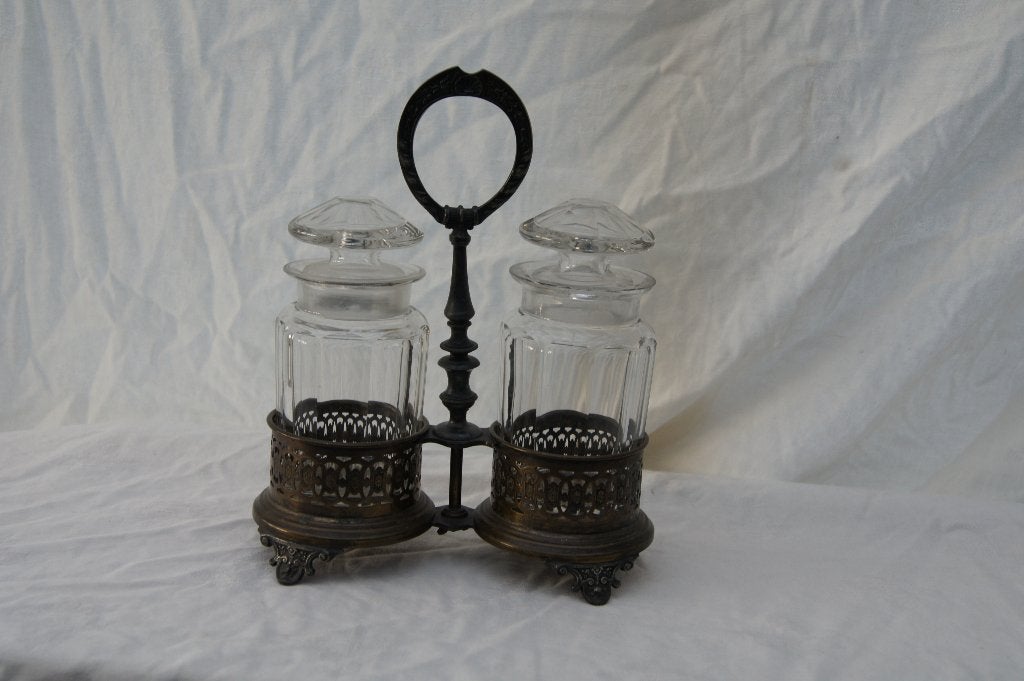 Antieke kruiden potjes in metalen houder, Overige typen, Minder dan 20 cm, Ophalen of Verzenden, Handgemaakt