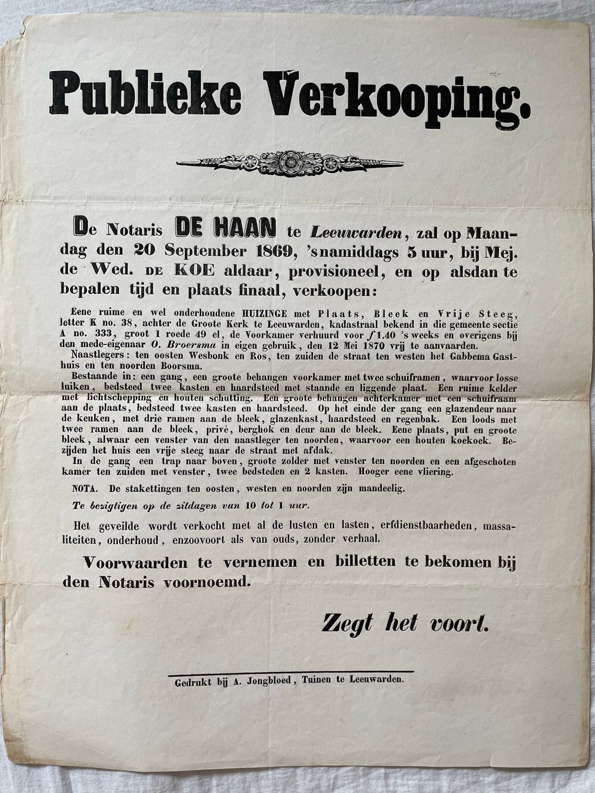 Publieke Verkoop Notaris DE HAAN Leeuwarden 1869, Ophalen of Verzenden, Voor 1920, Nederland, Krant