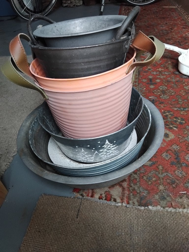 zinken bloembakken manden en kistjes, Tuin en Terras, Ophalen, Gebruikt, Minder dan 30 cm, Rond