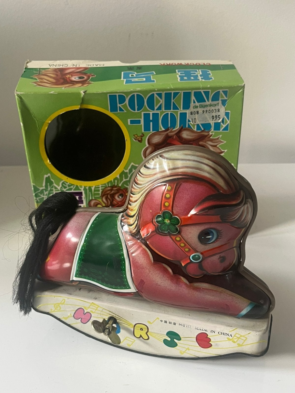 Vintage blikken schommelpaard – mechanisch – met doos, Antiek en Kunst, Verzenden