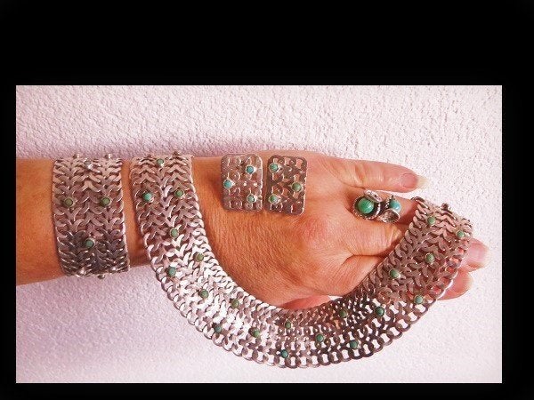 Bijzonder Zilveren Set: Collier/Armband/Oorb/Ring/Turkoois!, Sieraden, Tassen en Uiterlijk, Antieke sieraden, Verzenden, Zilver