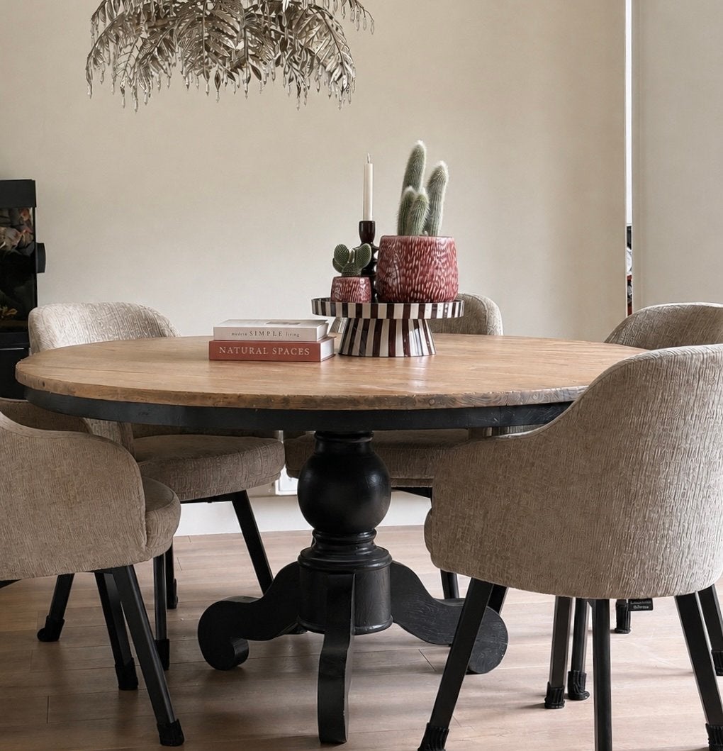 Ronde houten Kloostertafel met bolpoot 150cm, Huis en Inrichting, Tafels | Eettafels, Ophalen, Gebruikt, 100 tot 150 cm, Rond