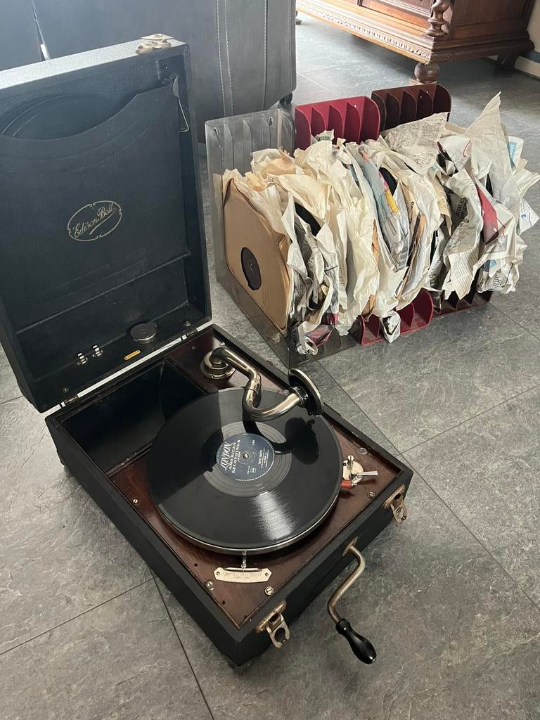 Prachtige Antieke Edison Bell Koffergrammofoon + 50 Platen, Pitch-regelaar, Zo goed als nieuw, Platenspeler, Ophalen