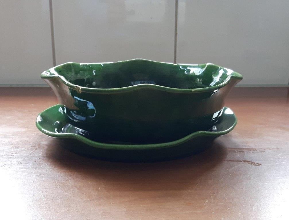 Vintage Groen Aardewerk Fruitmandje met Schaal, Verzenden