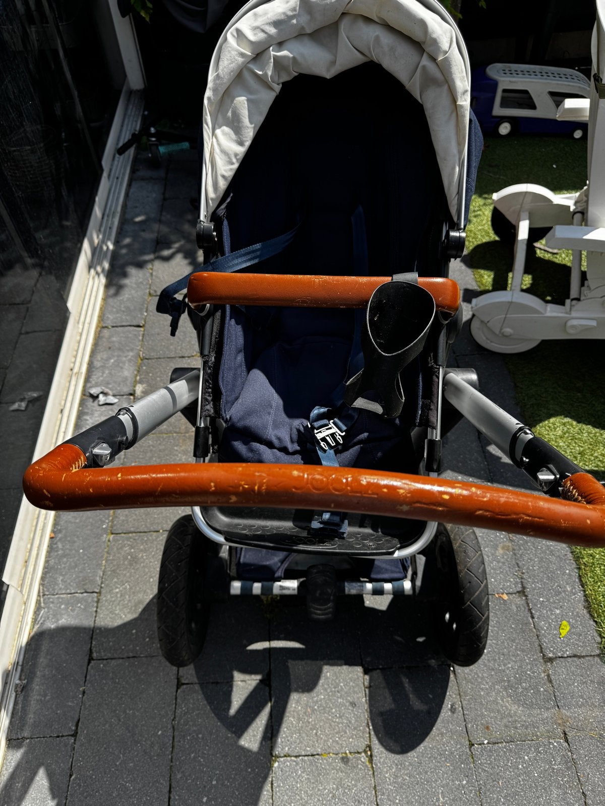 Joolz Day kinderwagen - Donkerblauw met bruin leer, Ophalen, Gebruikt, Kinderwagen, Verstelbare duwstang