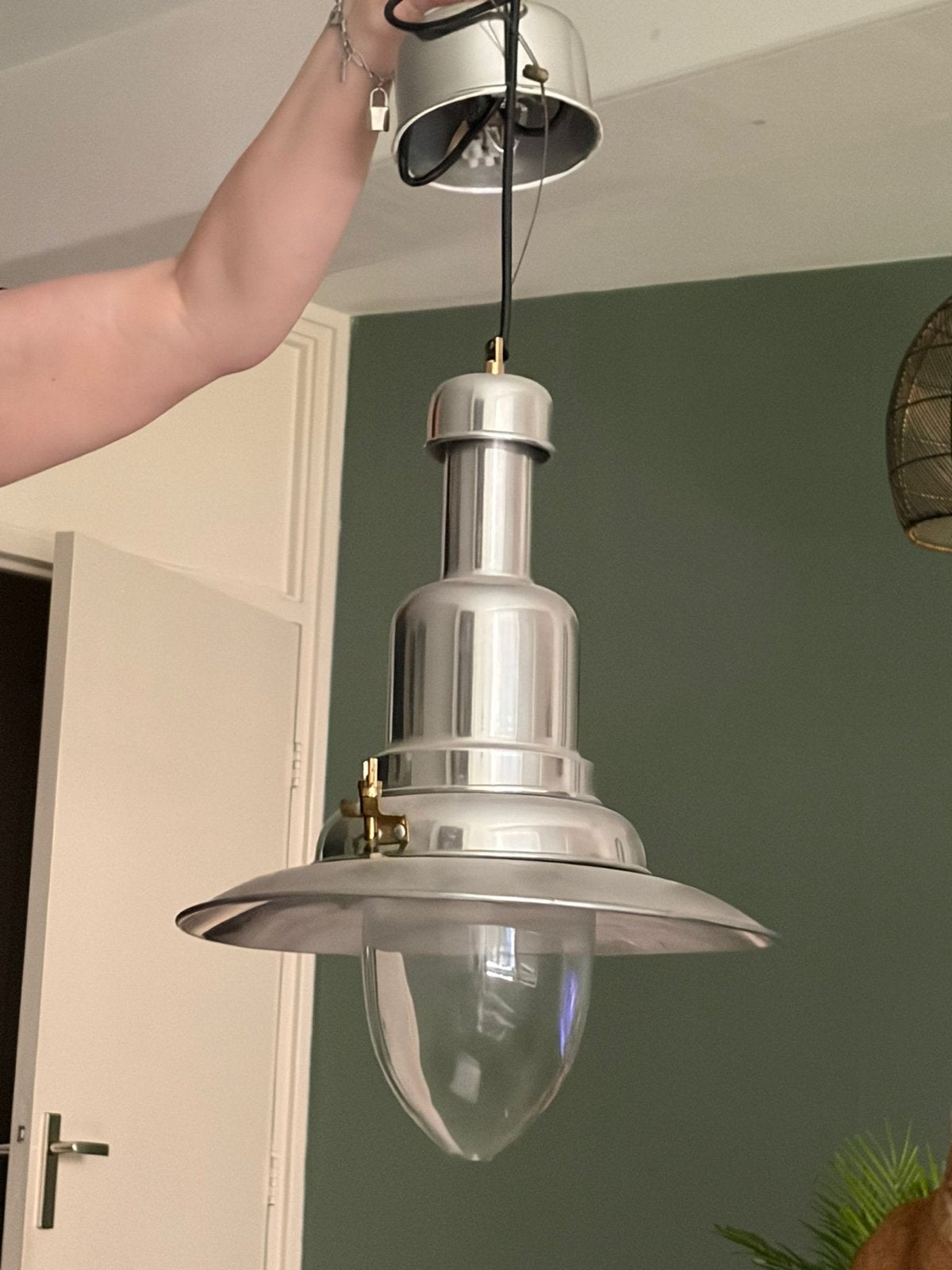 Industriële hanglamp, aluminium met glazen kap, Ophalen, Gebruikt, Glas