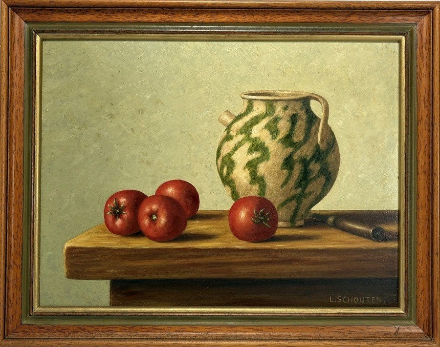 996. Olieverfschilderij, L. Schouten – stilleven, 20e eeuw, Ophalen of Verzenden, Olieverf, Stilleven, Paneel