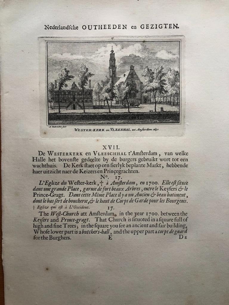 017 / Amsterdam Westerkerk en Vleeshal Kopergravure 1725, Antiek en Kunst, Ophalen of Verzenden