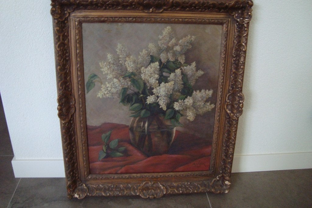Schilderij  Seringen stilleven. Zie foto's lees beschrijving, Antiek en Kunst, Doek, Klassiek, Origineel werk, Ophalen