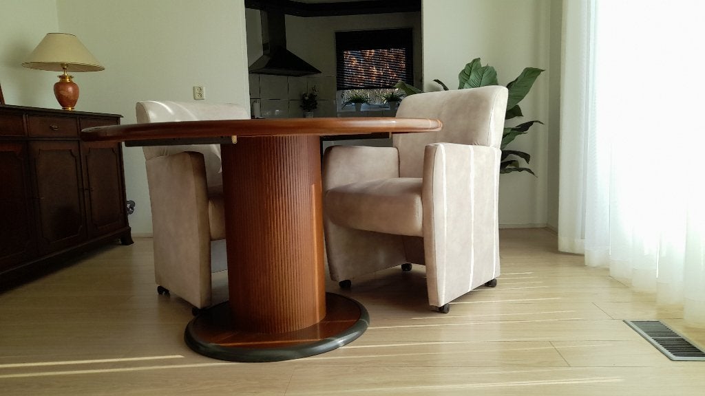 Hulsta tafel rond op kolomvoet uitschuifbaar, Huis en Inrichting, Ophalen, Gebruikt, 100 tot 150 cm, Vijf personen of meer