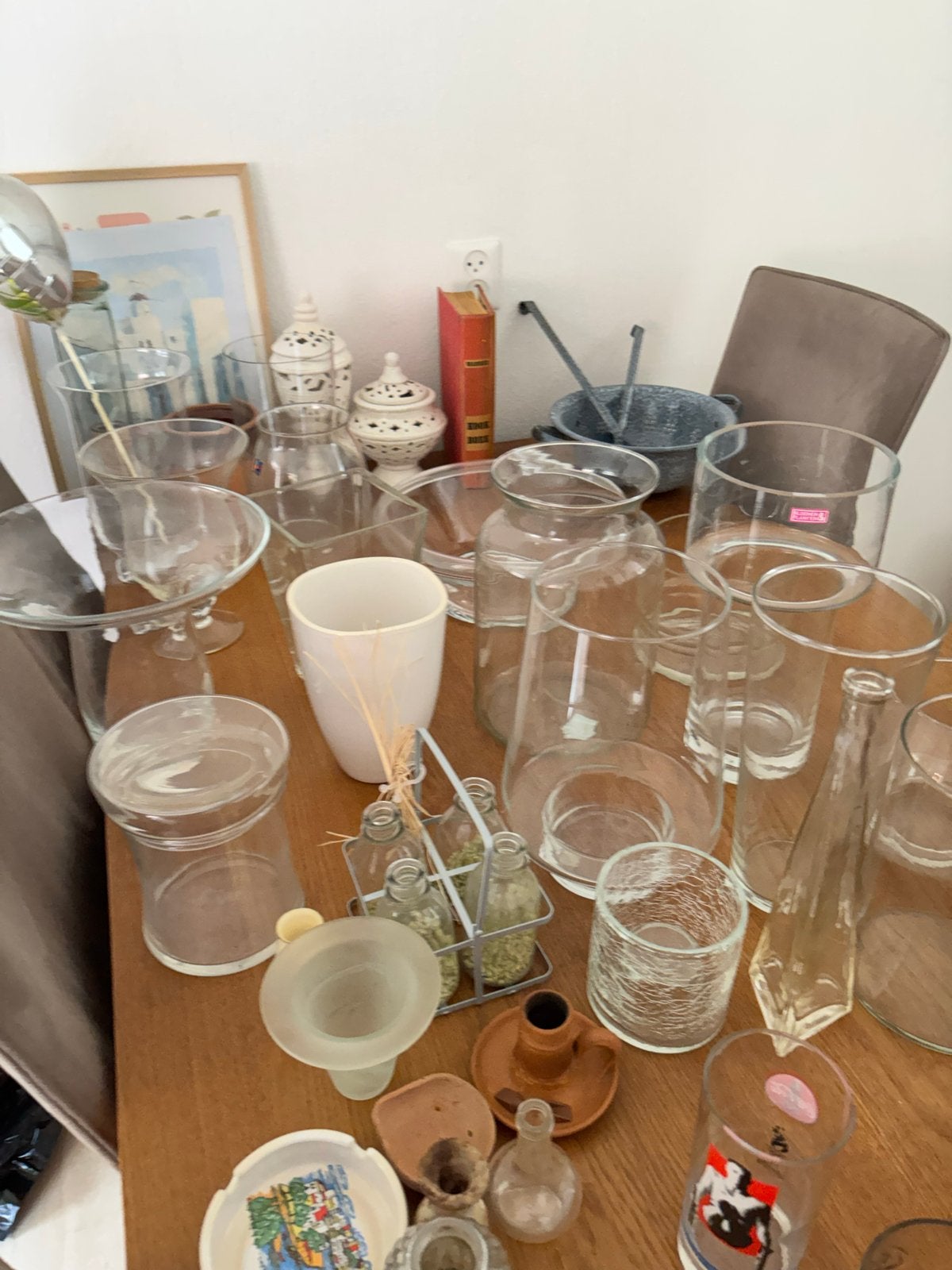 Diverse glazen vazen en potten - Boedelverkoop Gareelhoek, Ophalen, Gebruikt, Met patroon/structuur, Transparant