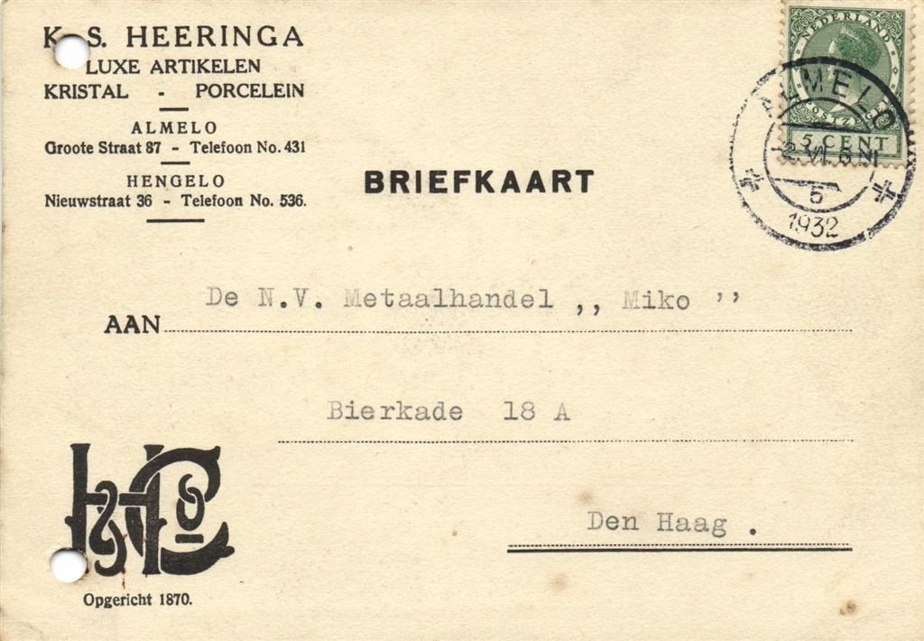 K.S. Heeringa, Almelo - 06.1932 - briefkaart, Ophalen of Verzenden, Briefkaart