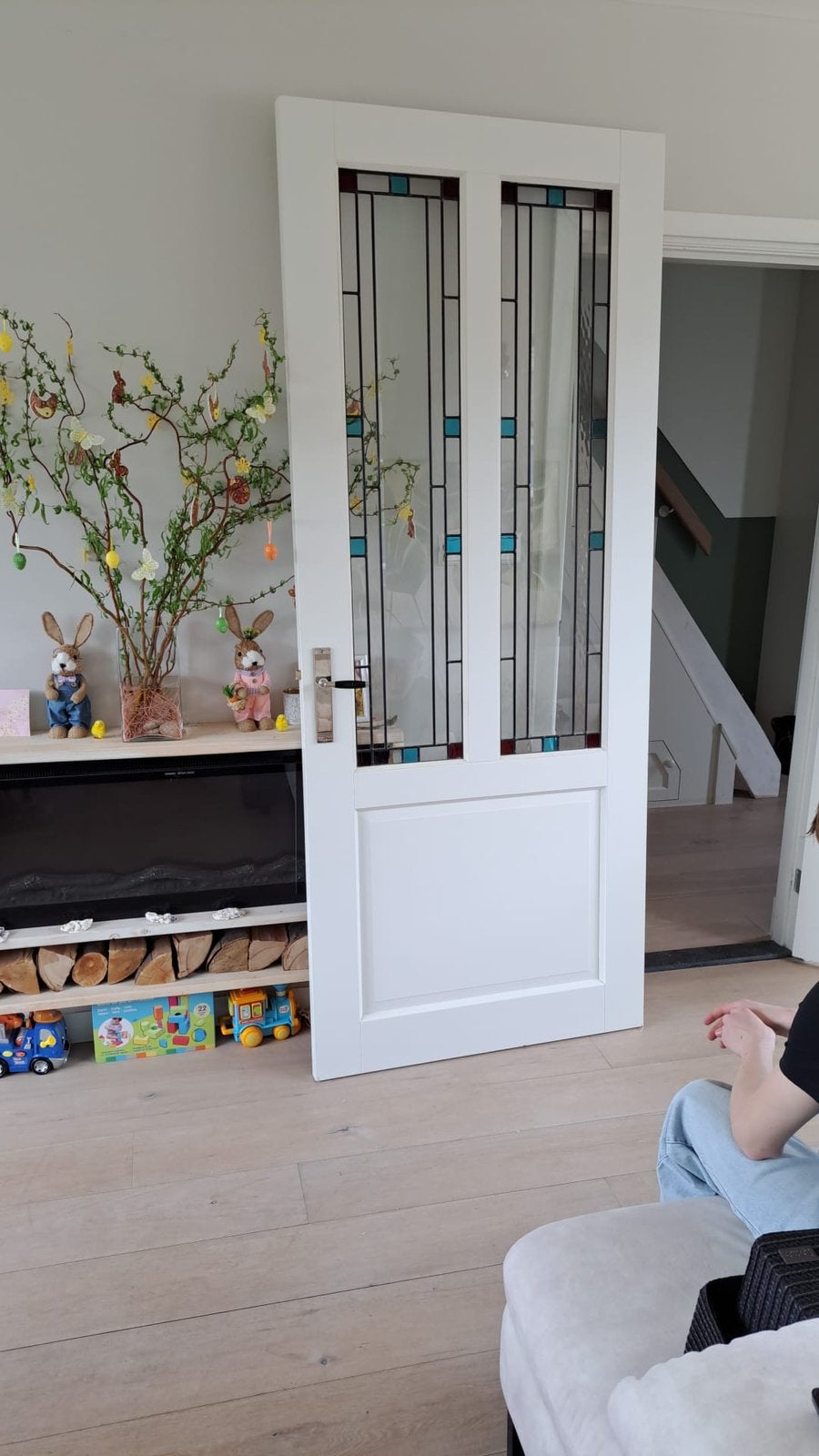 Klassieke binnendeur met glas-in-lood, 228 x 93 cm, Doe-het-zelf en Verbouw, Deuren en Horren, Ophalen, 80 tot 100 cm, 215 cm of meer