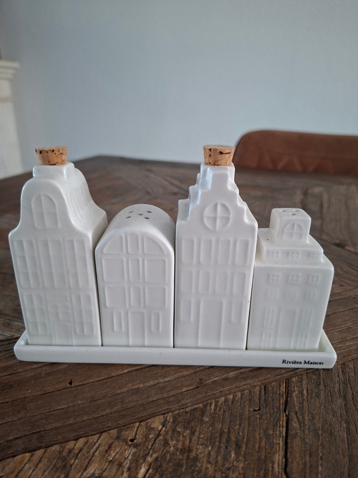 Riviera Maison Olie Azijn Zout Peper Stel Grachtenpandjes, Overige typen, Ophalen of Verzenden, Zo goed als nieuw, Steen/keramiek