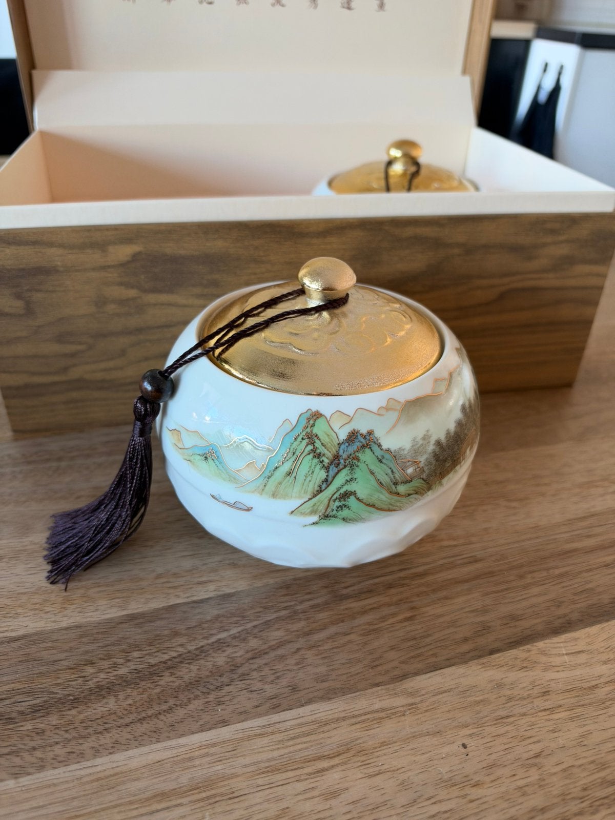 Luxe set van 2 Chinese sierpotten in houten bewaarkist, Overige materialen, Meerkleurig, Ophalen of Verzenden, Zo goed als nieuw