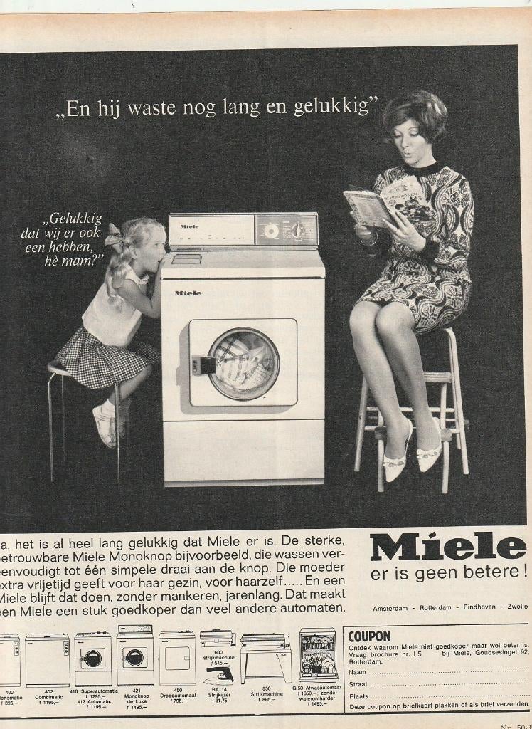 Retro reclame 1966 Miele wasmachine meisje wordt voorgelezen, Verzamelen, Retro, Verzenden, Overige typen