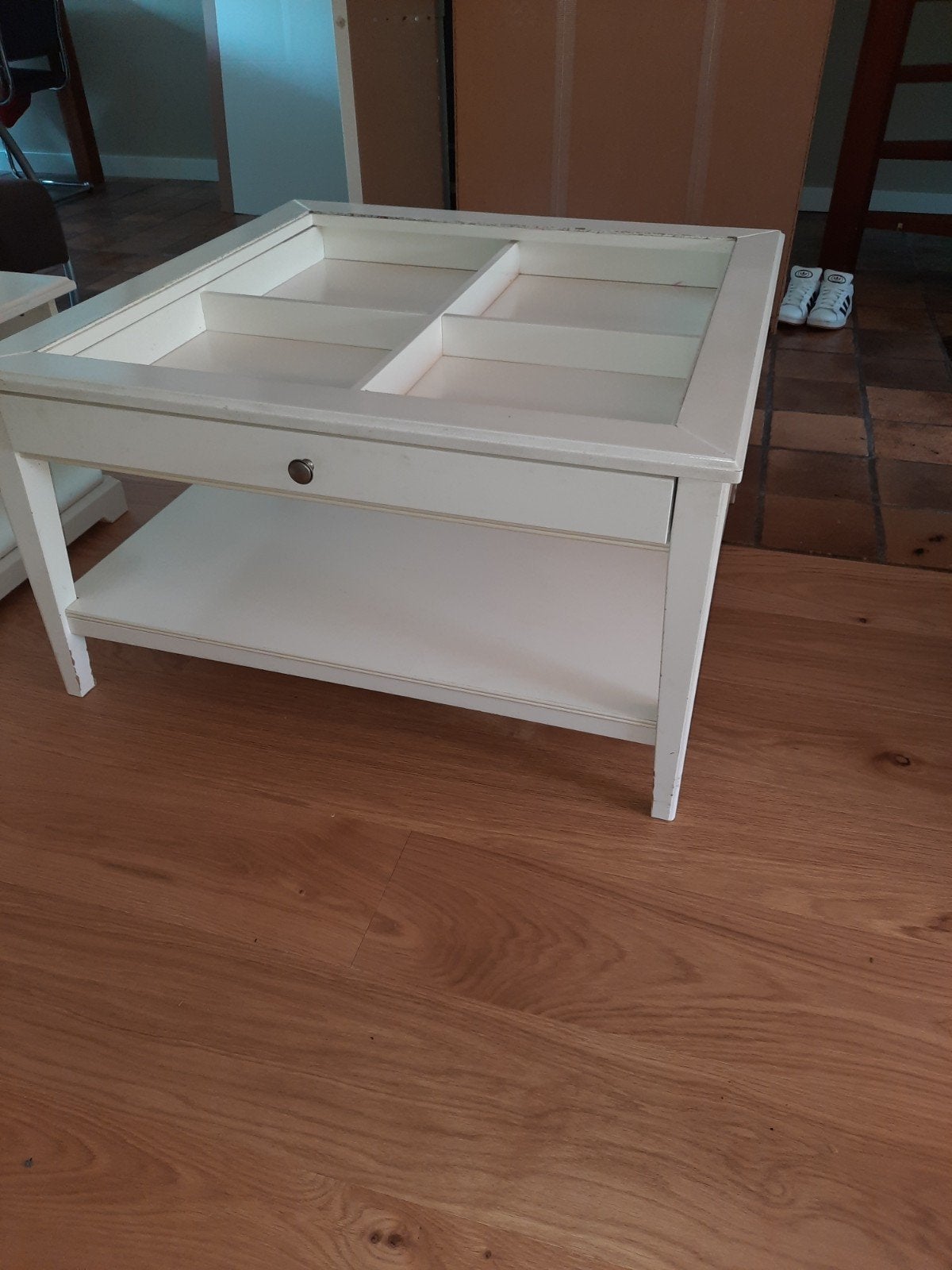 Salontafel 93x93x50 cm met glasplaat en lade, Ophalen, Gebruikt, 50 tot 100 cm, Glas
