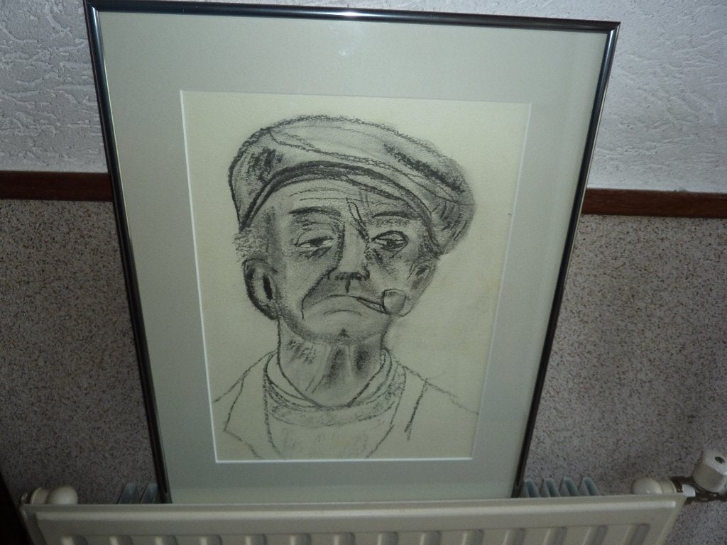 oude tekening ets man met pijp en pet, Ophalen of Verzenden
