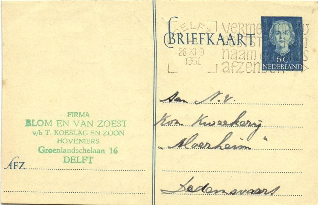 Firma Blom en van Zoest, Delft - 11.1951 - briefkaart, Ophalen of Verzenden, Briefkaart