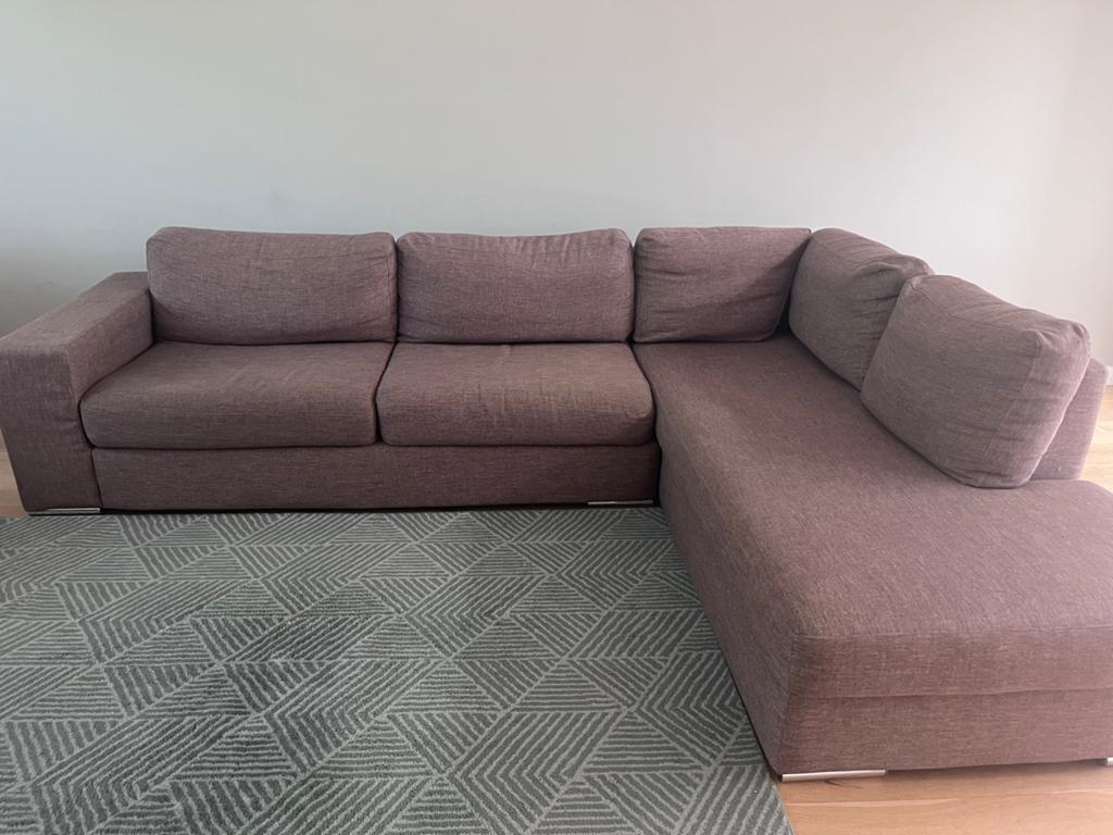 Grote bruine stoffen hoekbank met chaise longue, Ophalen, Gebruikt, Hoekbank, 300 cm of meer