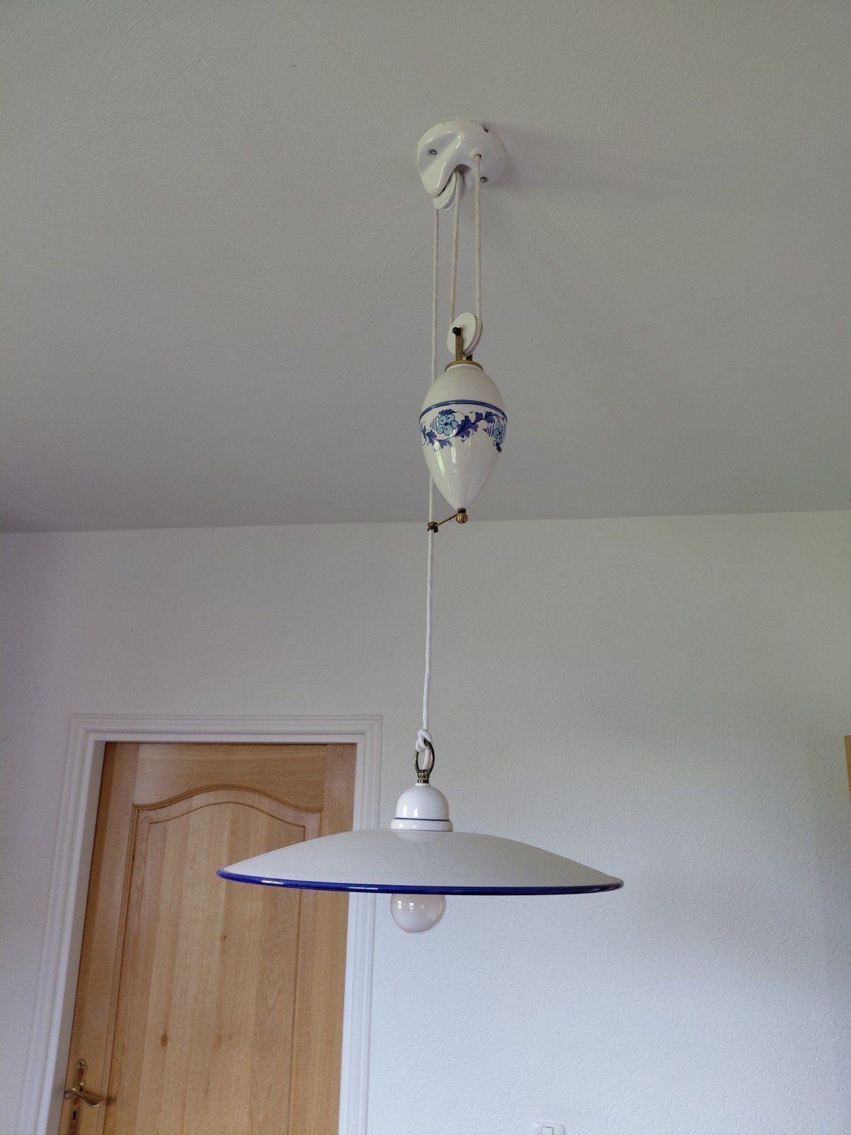 Delfts blauwe trekpendel lamp - vintage plafondlamp, Ophalen of Verzenden