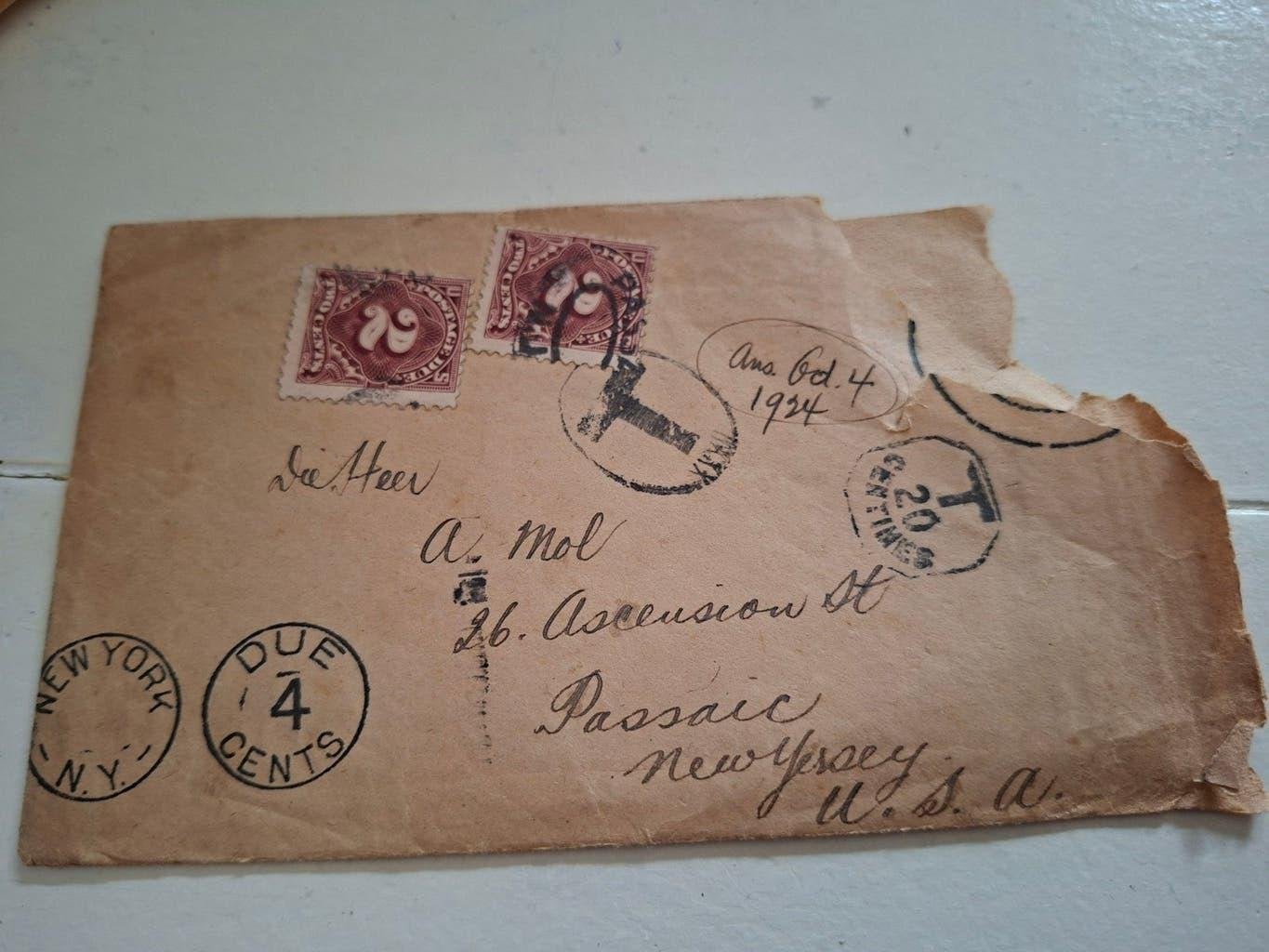 oude enveloppe 1924  2 postzegels van US 2 ct en 4 stempels, Verzenden, Envelop