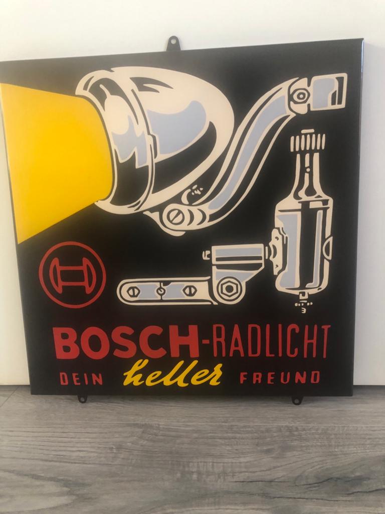 Emaille bord Bosch fietsverlichting als nieuw, Ophalen of Verzenden, Zo goed als nieuw, Reclamebord