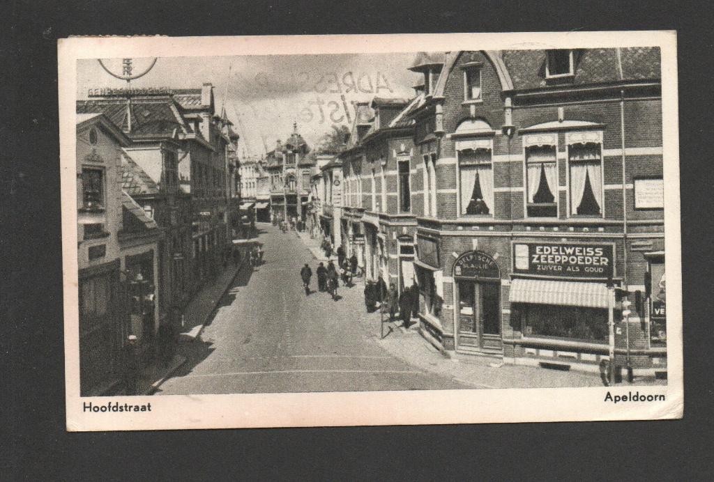 Apeldoorn, Hoofdstraat. Edelweiss, Zeeppoeder., Verzamelen, Ophalen of Verzenden, 1940 tot 1960, Gelopen, Gelderland