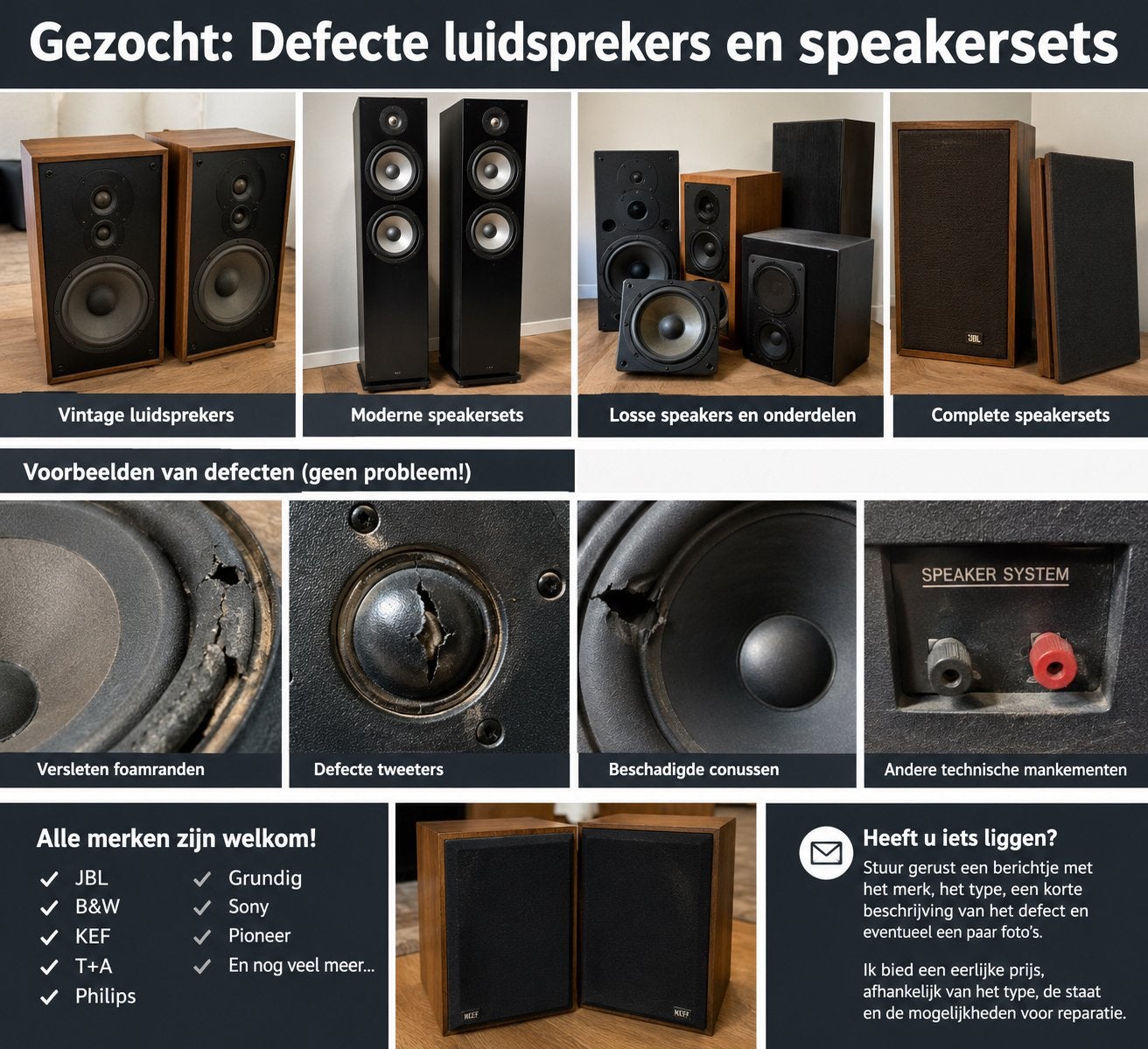 GEZOCHT kapotte speakers/luidsprekers, Ophalen of Verzenden, Minder dan 60 watt