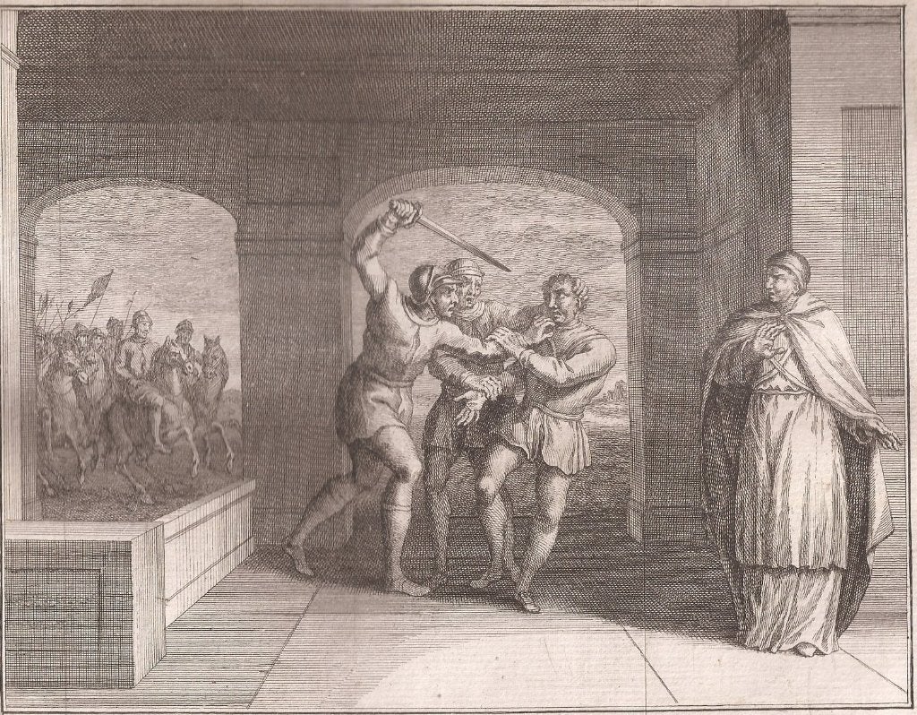Hertog Godefrid de Noorman wordt, door Graave Everard gedood, 19 cm, Ophalen of Verzenden, Gravure, 16 cm