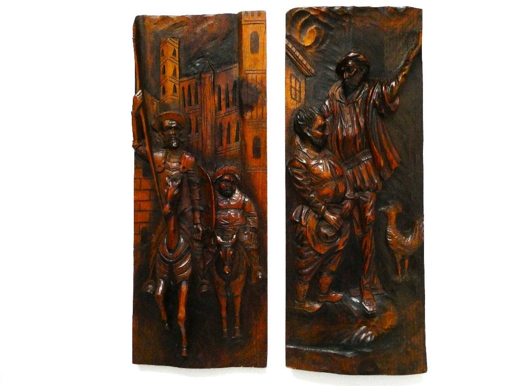 Don Quichot paard en Sancho Panza ezel houtgesneden paneel, Antiek en Kunst, Kunst | Beelden en Houtsnijwerken, Houtsnijwerk, Handgemaakt