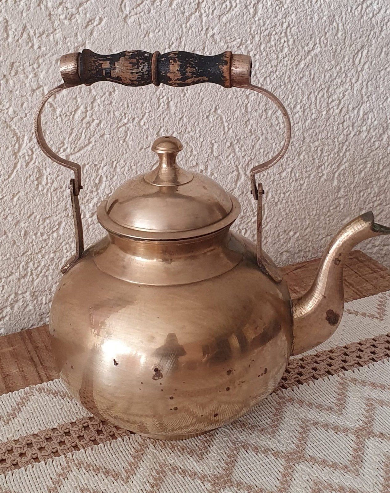 Antieke Koperen Theepot met Houten Handvat, Ophalen of Verzenden, Koper