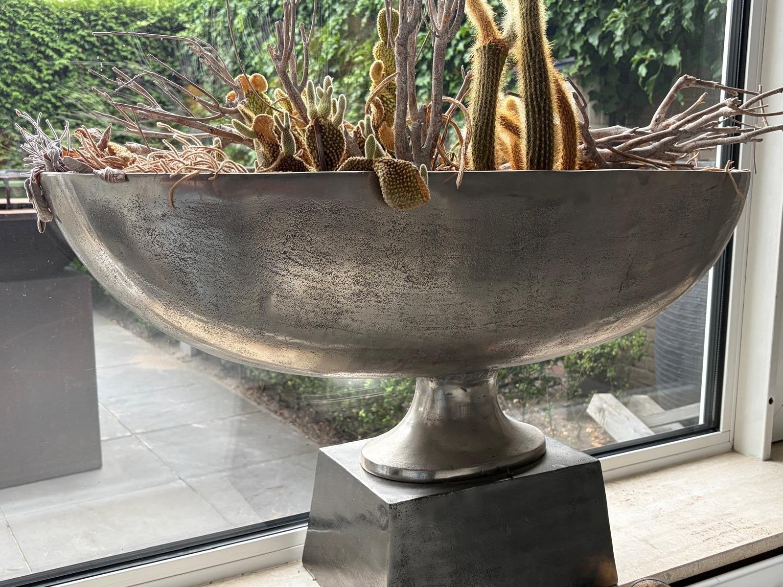Grote zilverkleurige vaas/schaal met cactussen, Huis en Inrichting, Ophalen, Met patroon/structuur, Zo goed als nieuw, Metaal