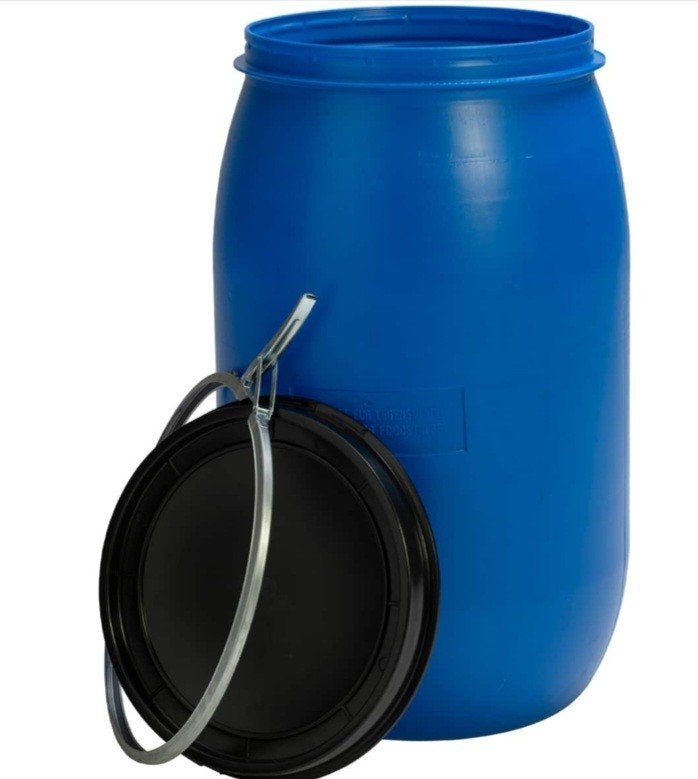 Blauwe kunststof vat 220 liter met deksel en klemring, Tuin en Terras, 150 liter of meer, Ophalen, Gebruikt