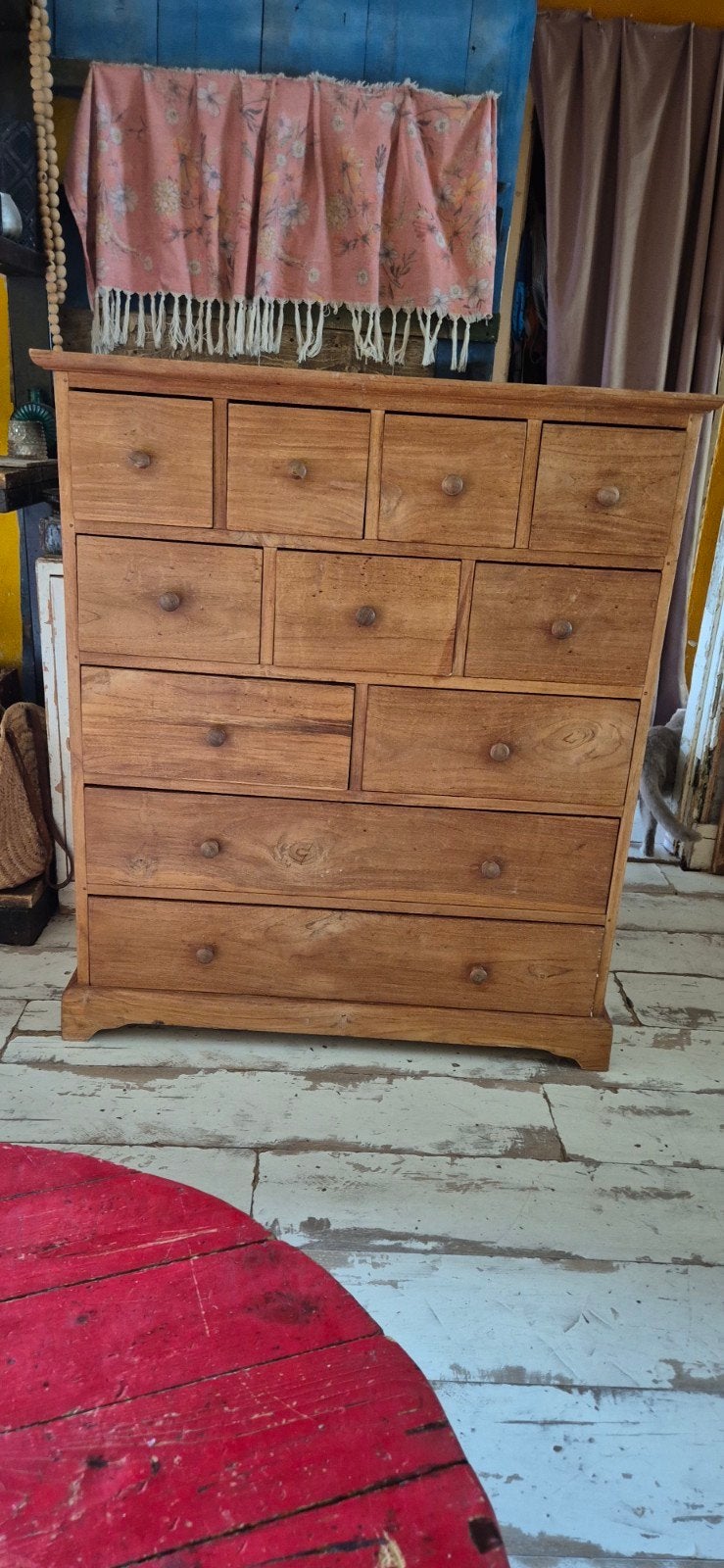 Teakhouten Apothekerskast tekoop, Huis en Inrichting, Gebruikt, 5 laden of meer, Vintage, Landelijk, Brocante, 25 tot 50 cm
