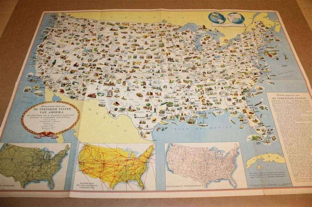 Vintage USA Kaart 1955 — Vol Illustraties, Boeken, Ophalen of Verzenden, Gelezen, 1800 tot 2000, Landkaart