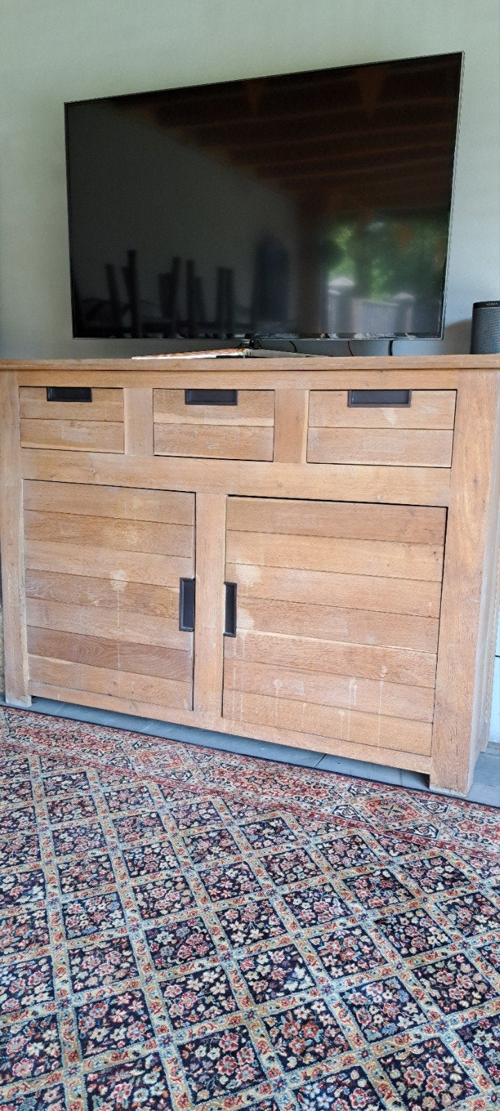 Robuuste eikenhouten kast met deuren en lades, Ophalen, Gebruikt, 150 tot 200 cm, Eikenhout